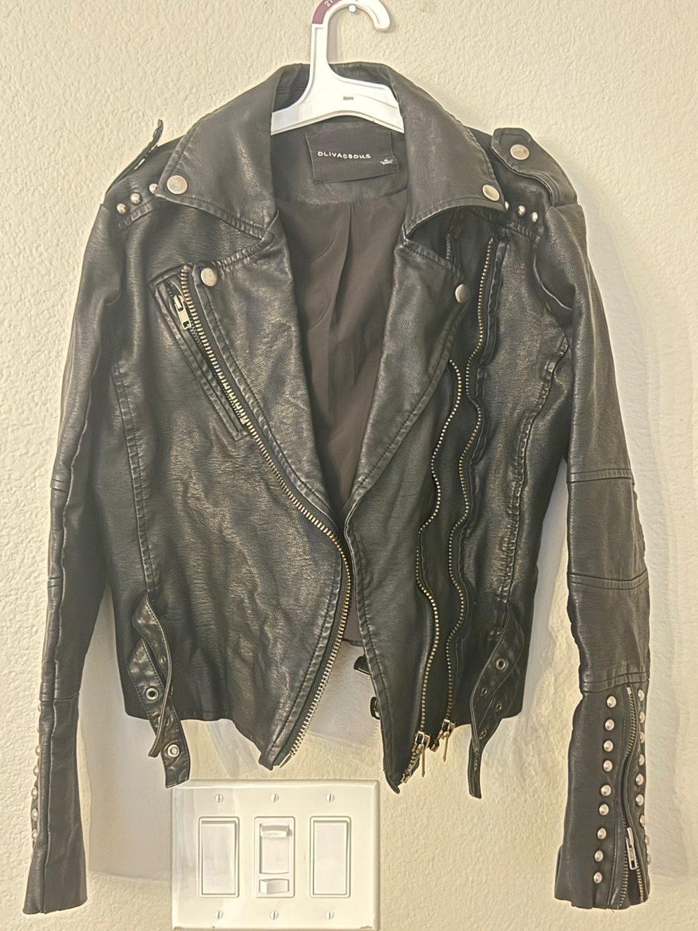 Olivaceous Black Faux Leather Moto Jacket-Size M